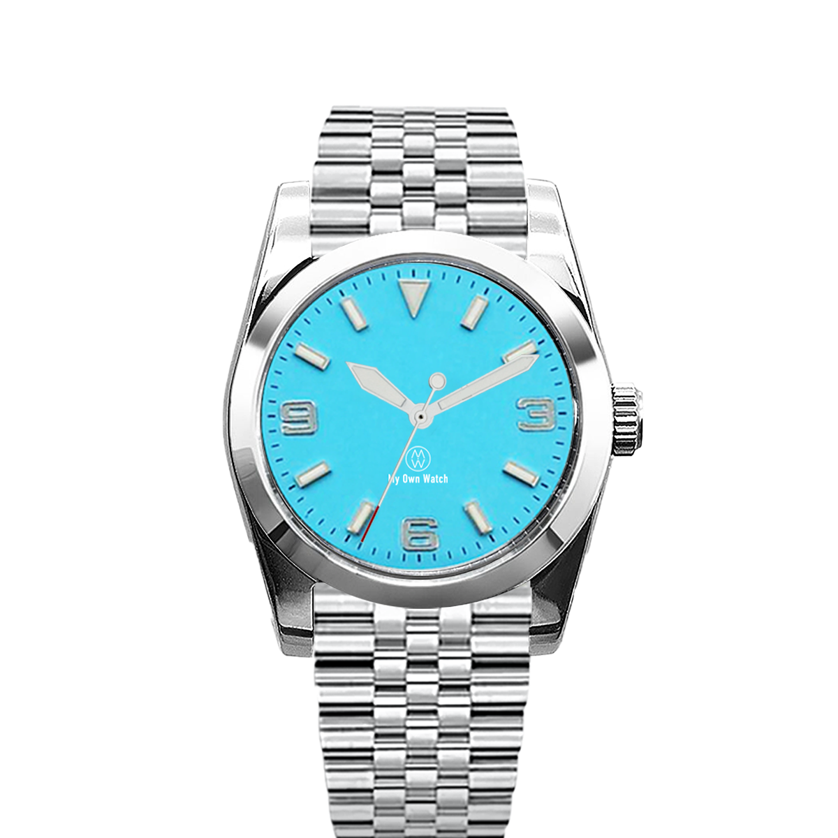 Montre argenté avec un cadran bleu turquoise